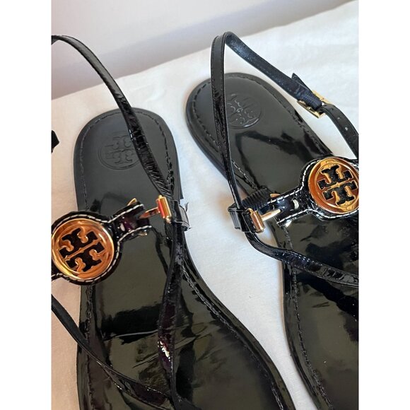 Tory Burch Ali-Anteka Black Patent Leather Thong Sandals Gold Hardware Size 9.5 - Picture 6 of 7